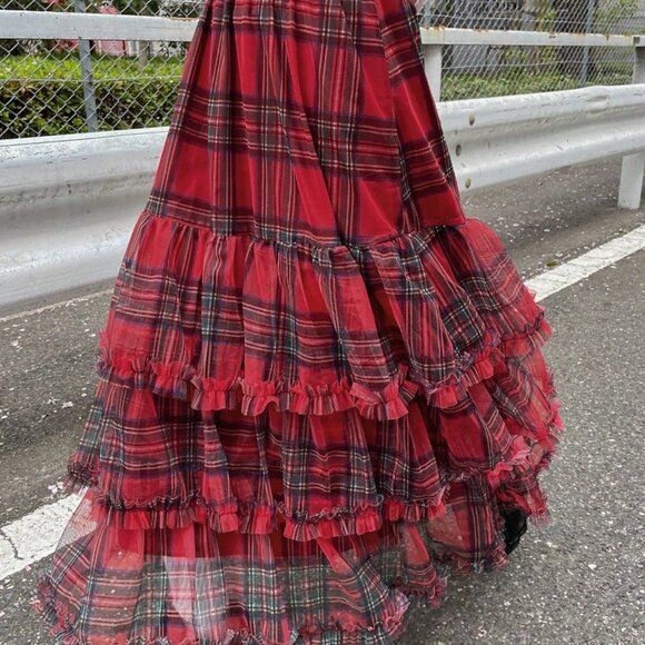 Red Casual Women's Christmas Plaid Ruffle Mesh High Waist Skirt - Picture 5 of 6